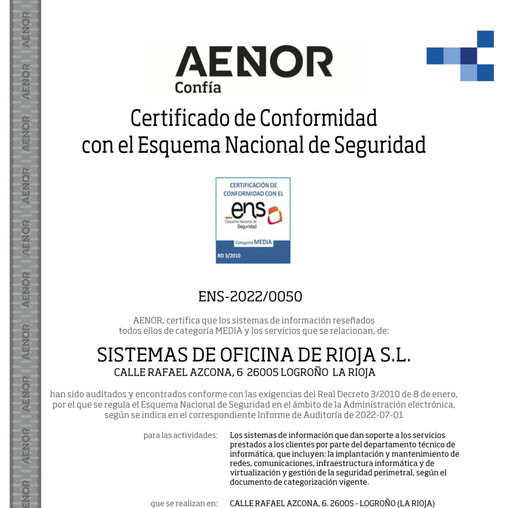 SISTEMAS [Informática y Reprografía], empresa de Grupo Pancorbo, obtiene la certificación del Esquema Nacional de